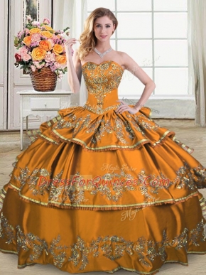 Most Popular Brown Lace Up Sweetheart Embroidery and Ruffled Layers Vestidos de Quinceanera Satin and Organza Sleeveless