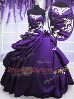 Great Purple Ball Gowns Appliques and Pick Ups Vestidos de Quinceanera Lace Up Taffeta Sleeveless Floor Length