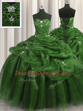 Custom Made Sweetheart Sleeveless Ball Gown Prom Dress Floor Length Beading and Appliques and Pick Ups Green Organza
