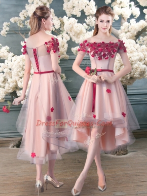 Colorful Off The Shoulder Short Sleeves Lace Up Prom Dress Pink Tulle