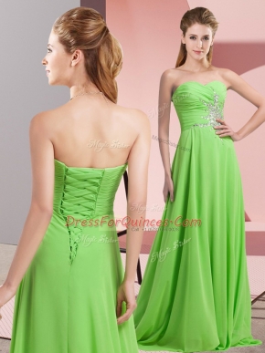 Affordable Floor Length Evening Dress Chiffon Long Sleeves Beading and Ruching