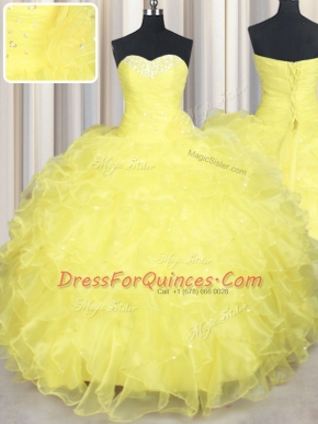 Smart Yellow Sweetheart Lace Up Beading and Ruffles Quinceanera Gown Sleeveless