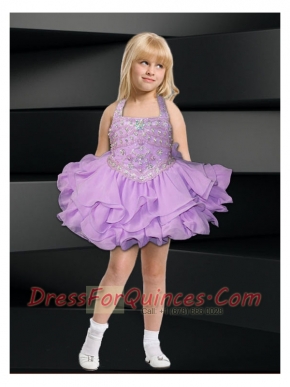 Lavender Ball Gown Halter Top Mini-length Little Girl Dress with Beading