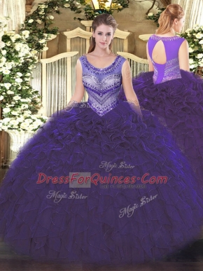 Pretty Floor Length Purple Ball Gown Prom Dress Scoop Sleeveless Lace Up