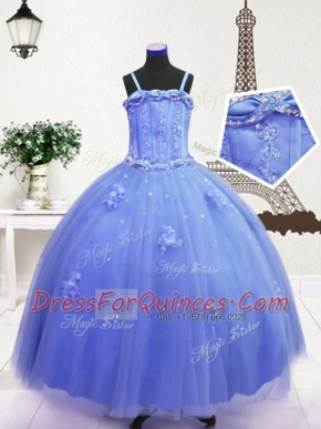 Sleeveless Tulle Floor Length Zipper Little Girl Pageant Gowns in Blue with Beading and Hand Made Flower