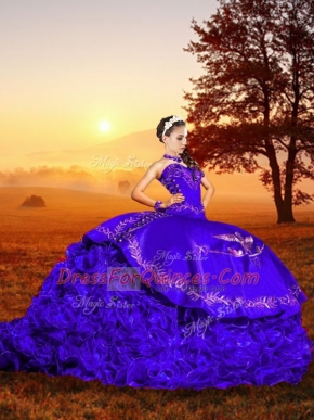 Customized Purple Ball Gowns Organza Sweetheart Sleeveless Embroidery and Ruffles Lace Up Sweet 16 Dress Brush Train