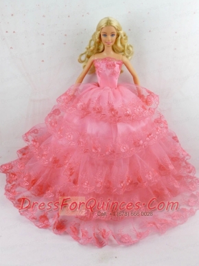 Elegant Handmade Gown With Ruffled Layers and  Embroidery Made To Fit the Barbie Doll