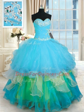 High End Sweetheart Sleeveless Quinceanera Gown Floor Length Beading and Ruffled Layers Multi-color Organza