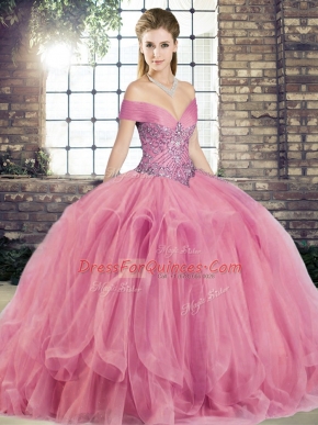 Top Selling Watermelon Red Tulle Lace Up Quinceanera Dress Sleeveless Floor Length Beading and Ruffles