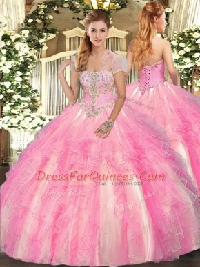 Deluxe Ball Gowns Sweet 16 Quinceanera Dress Rose Pink Strapless Tulle Sleeveless Floor Length Lace Up