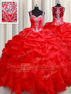 Straps Red Organza Zipper Ball Gown Prom Dress Sleeveless Floor Length Beading and Ruffles