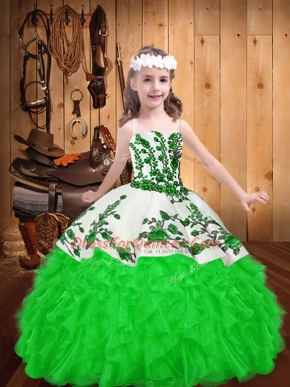 Green Pageant Dress for Teens Party and Sweet 16 and Quinceanera and Wedding Party with Embroidery and Ruffles Straps Sleeveless Lace Up