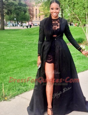 Popular Lace Scoop Long Sleeves Zipper Lace Prom Gown in Black