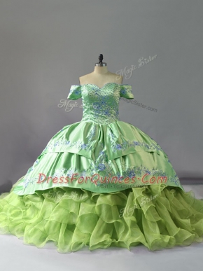 Yellow Green Sweet 16 Dress Organza Chapel Train Sleeveless Embroidery and Ruffles
