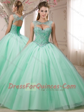 Classical  Beaded Bodice Apple Green Sweet Fifteen Dress with Detachable Straps