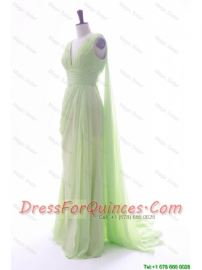 Pretty Romantic Empire V Neck Ruching and Pleats Prom Dresses with Watteau Train
