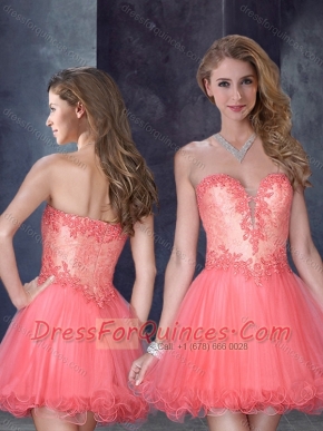 Laced Watermelon Red Prom Dress with Beading and Appliques