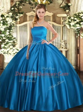 Ball Gowns Quince Ball Gowns Blue Strapless Satin Sleeveless Floor Length Lace Up