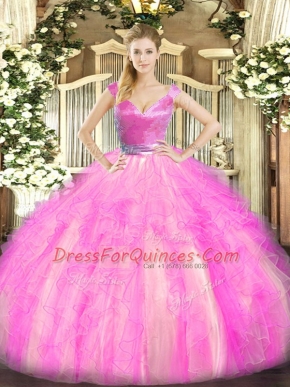 Floor Length Ball Gowns Sleeveless Rose Pink Vestidos de Quinceanera Zipper