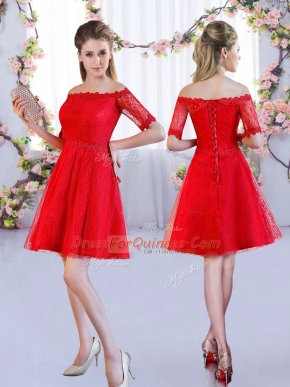 Glittering Red Lace Lace Up Quinceanera Dama Dress Half Sleeves Mini Length Lace