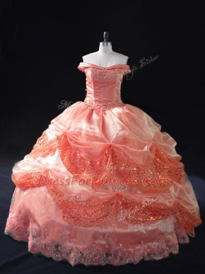 Stunning Sleeveless Organza Floor Length Lace Up Quinceanera Gown in Watermelon Red with Beading and Sequins