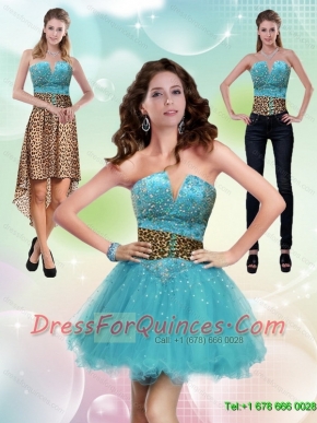 Detachable New Style Aqua Blue Leopard Printed 2015 Prom Dress with Beading