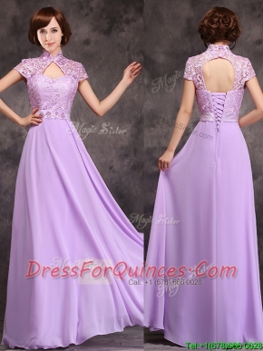 Low Price High Neck Cap Sleeves Lavender Long Dama Dresses