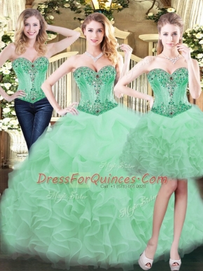 Artistic Organza Sweetheart Sleeveless Lace Up Beading and Ruffles Sweet 16 Dress in Apple Green