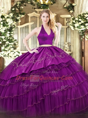 Designer Two Pieces Quinceanera Dress Fuchsia Halter Top Organza and Taffeta Sleeveless Floor Length Zipper