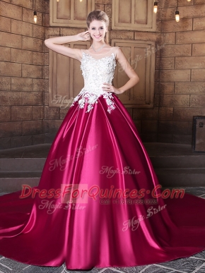 Scoop Lace and Appliques Sweet 16 Dress Hot Pink Lace Up Sleeveless Court Train