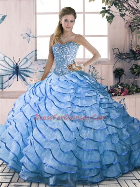 Glamorous Ball Gowns Sleeveless Blue Ball Gown Prom Dress Brush Train Lace Up