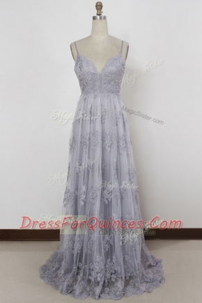 Sleeveless Sweep Train Backless With Train Appliques Prom Party Dress