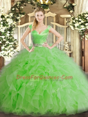 Graceful Green V-neck Zipper Ruffles Ball Gown Prom Dress Sleeveless