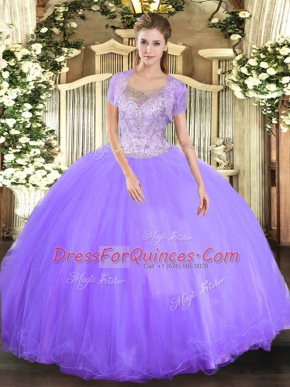 Cheap Sleeveless Tulle Floor Length Clasp Handle Sweet 16 Dresses in Lavender with Beading