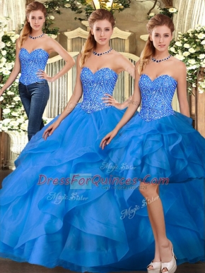 Organza Sweetheart Sleeveless Lace Up Beading and Ruffles Sweet 16 Dress in Blue