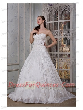 Prom Dress Modest A-line Sweetheart Brush Train Taffeta Appliques and Hand Made Flower