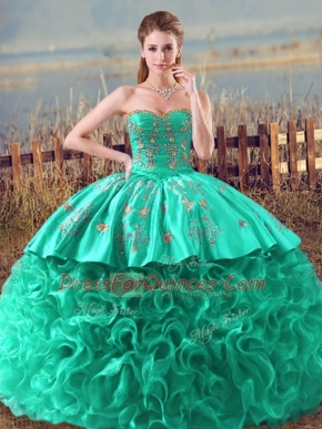 Turquoise Sleeveless Fabric With Rolling Flowers Brush Train Lace Up Quinceanera Dress for Sweet 16 and Quinceanera