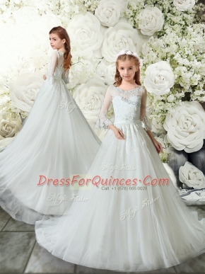 Superior White 3 4 Length Sleeve Tulle Brush Train Clasp Handle Flower Girl Dress for Wedding Party