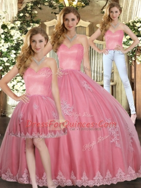 Best Selling Watermelon Red Ball Gowns Tulle Sweetheart Sleeveless Appliques Floor Length Lace Up Sweet 16 Dresses