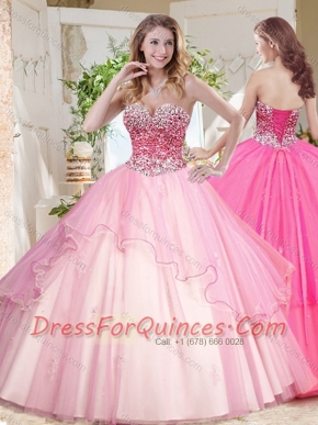 Lovely Ruffled Layers Sweet 16 Dress with Beaded Bodice in Pink