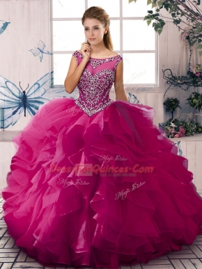 Vintage Sleeveless Floor Length Beading and Ruffles Zipper Quinceanera Dresses with Fuchsia