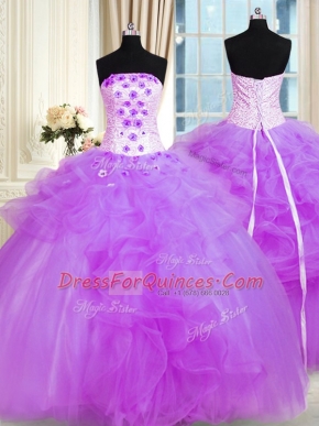 Purple Ball Gowns Tulle Strapless Sleeveless Pick Ups and Hand Made Flower Floor Length Lace Up Sweet 16 Quinceanera Dress