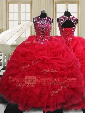 Customized Scoop Red Lace Up Quince Ball Gowns Beading and Pick Ups Sleeveless Floor Length