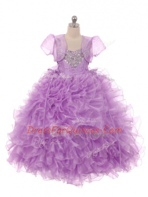 Organza Sleeveless Floor Length Kids Pageant Dress and Beading and Ruffles