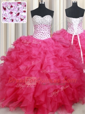 Sleeveless Organza Floor Length Lace Up Quinceanera Gowns in Hot Pink with Beading and Ruffles