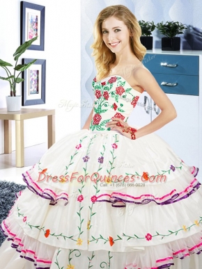Artistic White Sleeveless Floor Length Embroidery and Ruffled Layers Lace Up Quinceanera Dress