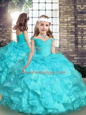 Fancy Sleeveless Organza Floor Length Lace Up Pageant Dress for Teens in Aqua Blue with Beading and Ruffles