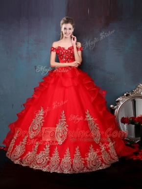 Off the Shoulder Beading and Appliques and Ruffles Quinceanera Dress Red Lace Up Sleeveless Floor Length