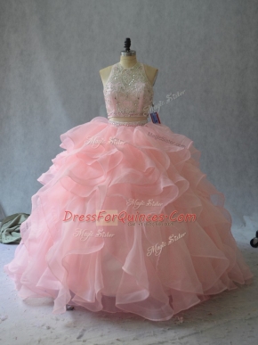 Peach Two Pieces Organza Halter Top Sleeveless Beading and Ruffles Backless Ball Gown Prom Dress