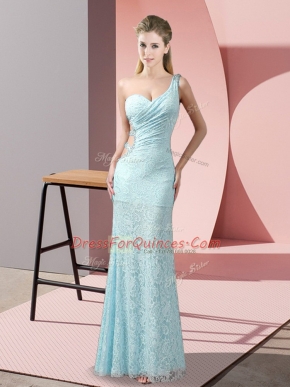 Excellent Light Blue Lace Criss Cross One Shoulder Sleeveless Floor Length Evening Dress Beading and Lace